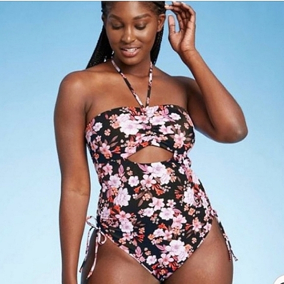 Shade & Shore Halter Keyhole Cut Out Back One Piece Swimsuit Black Floral Size M - Picture 1 of 16